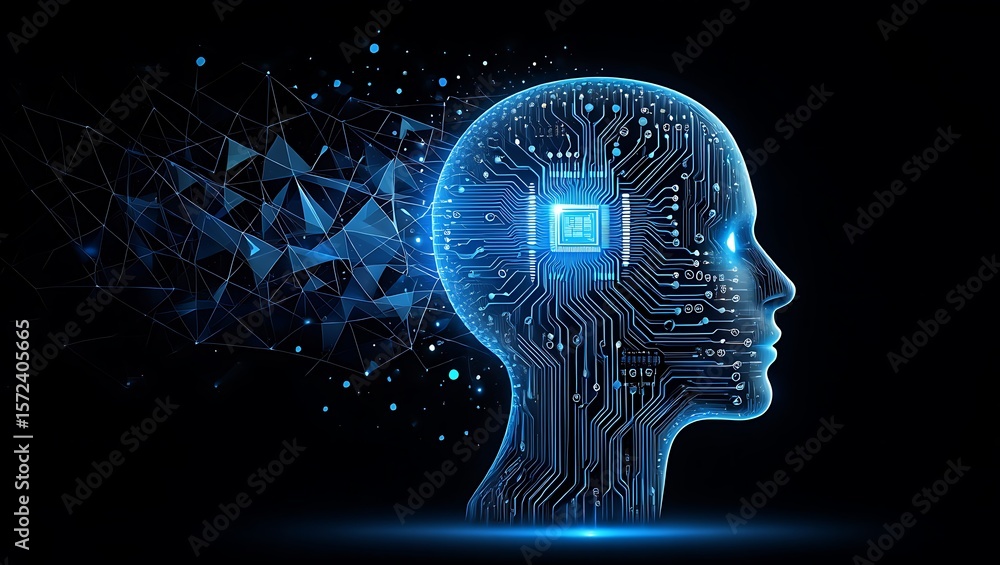 Poster artificial intelligence silhouette made of circuits and triangles, a visualization of ai and machine