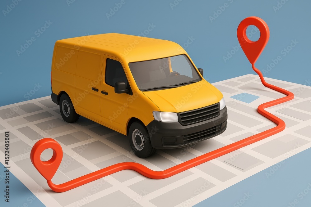 Poster delivery van navigating through a city map with route markers at midday