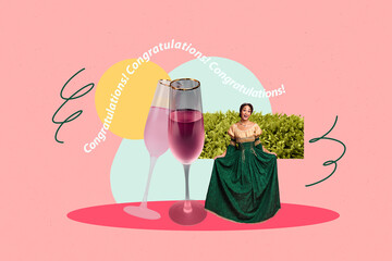 Composite sketch image design trend artwork collage of young lady princess two cocktail glass...