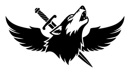 winged wolf with sword monochrome vector illustration © Camel