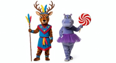 Naklejka premium Whimsical Mascots: Two charming, costumed mascots, a deer and a hippo, stand side by side, bringing a sense of fun and fantasy to life with a vibrant display of color and creativity.
