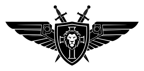 winged lion shield swords monochrome vector illustration © Camel