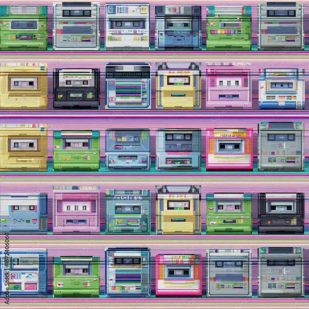 Poster retro tech pattern featuring vintage pagers in a colorful seamless design for unique backgrounds and
