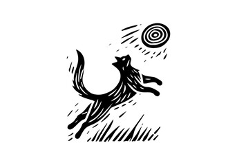 Cat and Dog Playing Frisbee Hand Drawn Natural Illustration Stylized as Linocut Vector Isolated by AZ for Books, Arts, Design and Decoration Graphic Asset