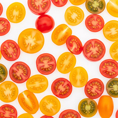 Sliced tomatoes of various colors, creating a vibrant and fresh image,