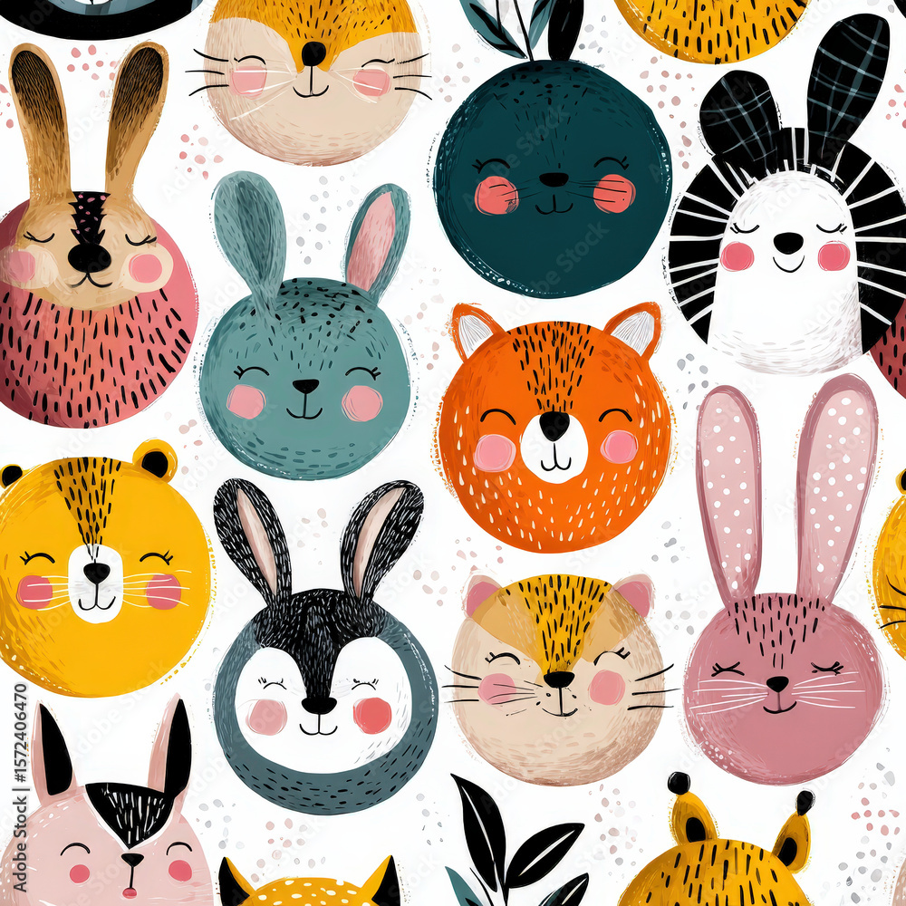 Poster seamless pattern featuring round animal faces with blushing expressions in a colorful and playful de