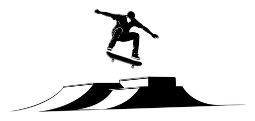 skateboarder silhouette mid air trick on ramp