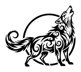Howling wolf in tribal style. Vector illustration of an ornamental animal for a logo or tattoo design.