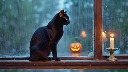 black cat on windowsill with jack-o-lantern on rainy day