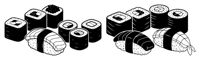 Sushi Assortment Silhouette – Nigiri & Maki Rolls Vector Icons Set © Camel