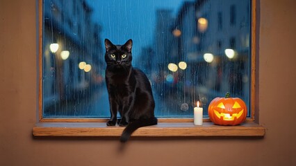 black cat on windowsill with jack-o-lantern on rainy day