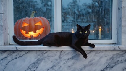 black cat on windowsill with jack-o-lantern on rainy day