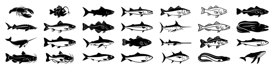 Large collection of fish and sea animals silhouettes. Ocean and marine life vector icon set.