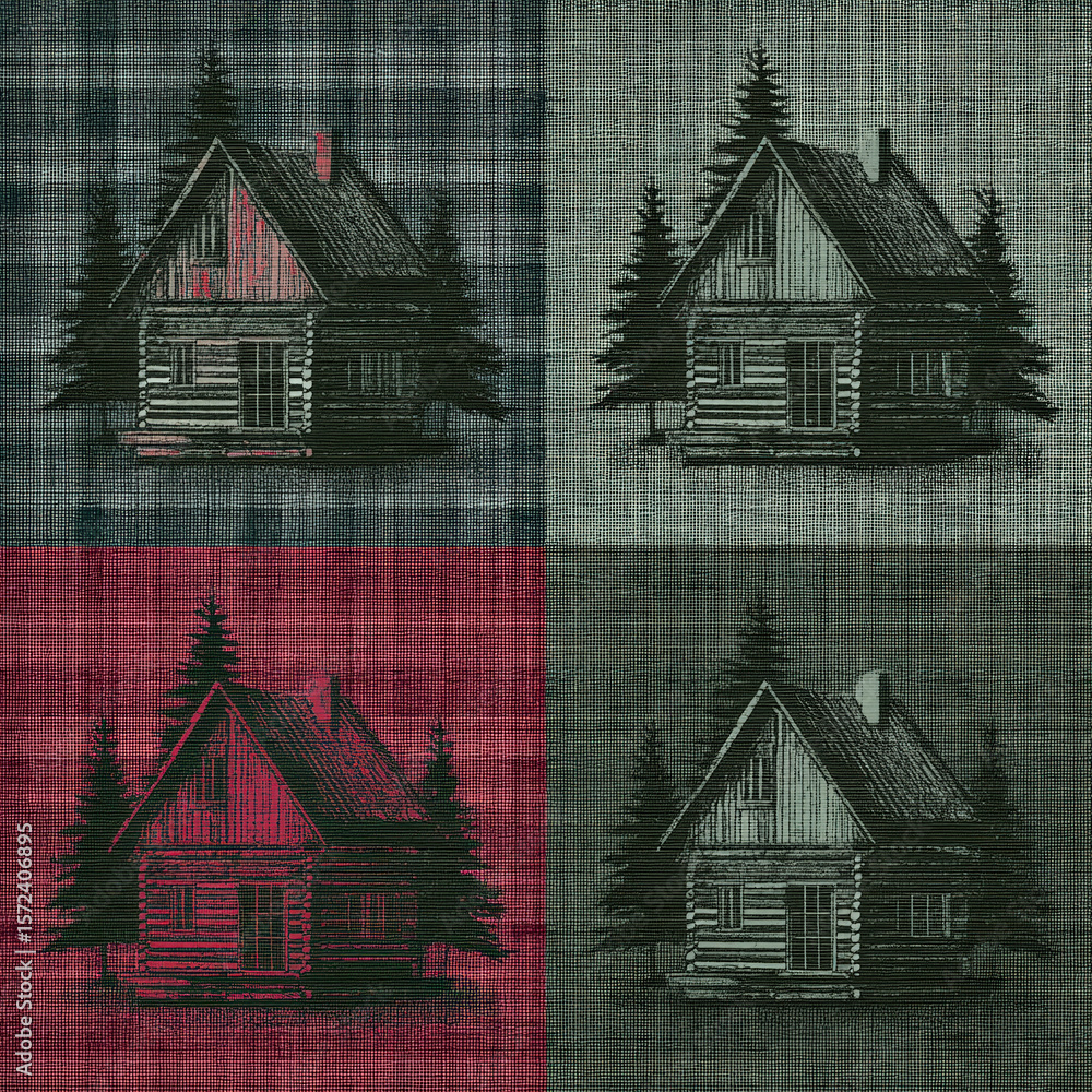 Poster rustic log cabin pattern with plaid color blocks featuring forest elements for textile design