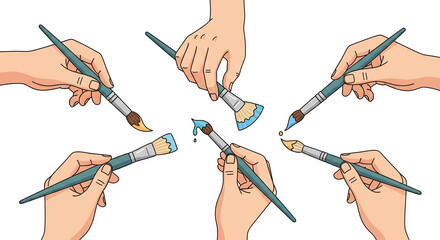 Artistic Harmony: A collection of hands, each delicately holding a paintbrush with various art supplies, symbolizing the beauty of creativity and artistic expression.