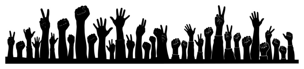 crowd of hands up silhouette vector banner