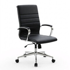 Obraz premium A black leather office chair with a high back, chrome armrests, and a wheeled base.