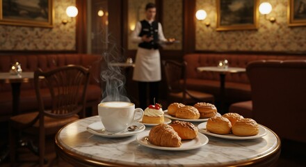 Cozy caf&eacute; indulgence with cappuccino and pastries
