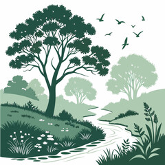 Verdant landscape with winding stream and flying birds