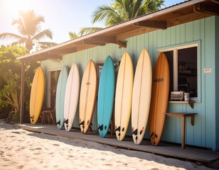 Vintage Surfboard Shop with Pastel Boards on Tropical Beach