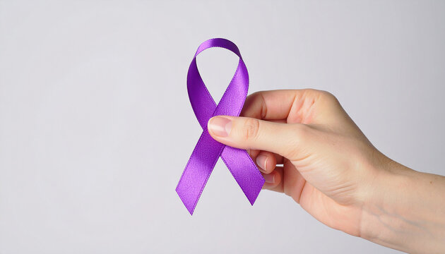 Hand holding purple awareness ribbon. Pancreatic cancer, Alzheimer disease, epilepsy