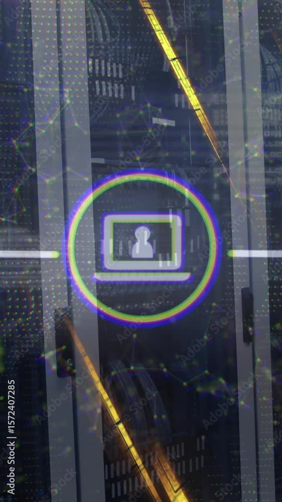 Poster animation of icons connected with lines over falling abstract patterns against server racks