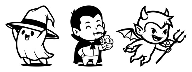 cute halloween characters ghost vampire devil vector illustration
