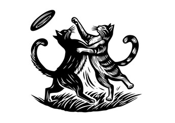 Cat and Dog Playing Frisbee Hand Drawn Natural Illustration Stylized as Linocut Vector Isolated by AZ for Books, Arts, Design and Decoration Graphic Asset