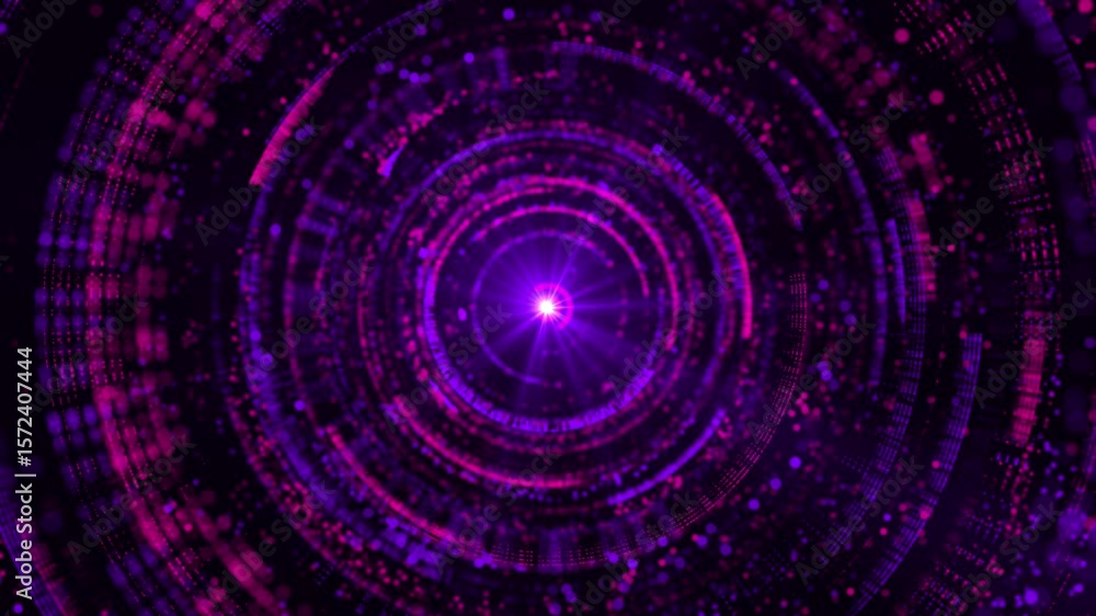 Poster abstract digital tunnel with purple and pink light particles in circular motion representing data fl