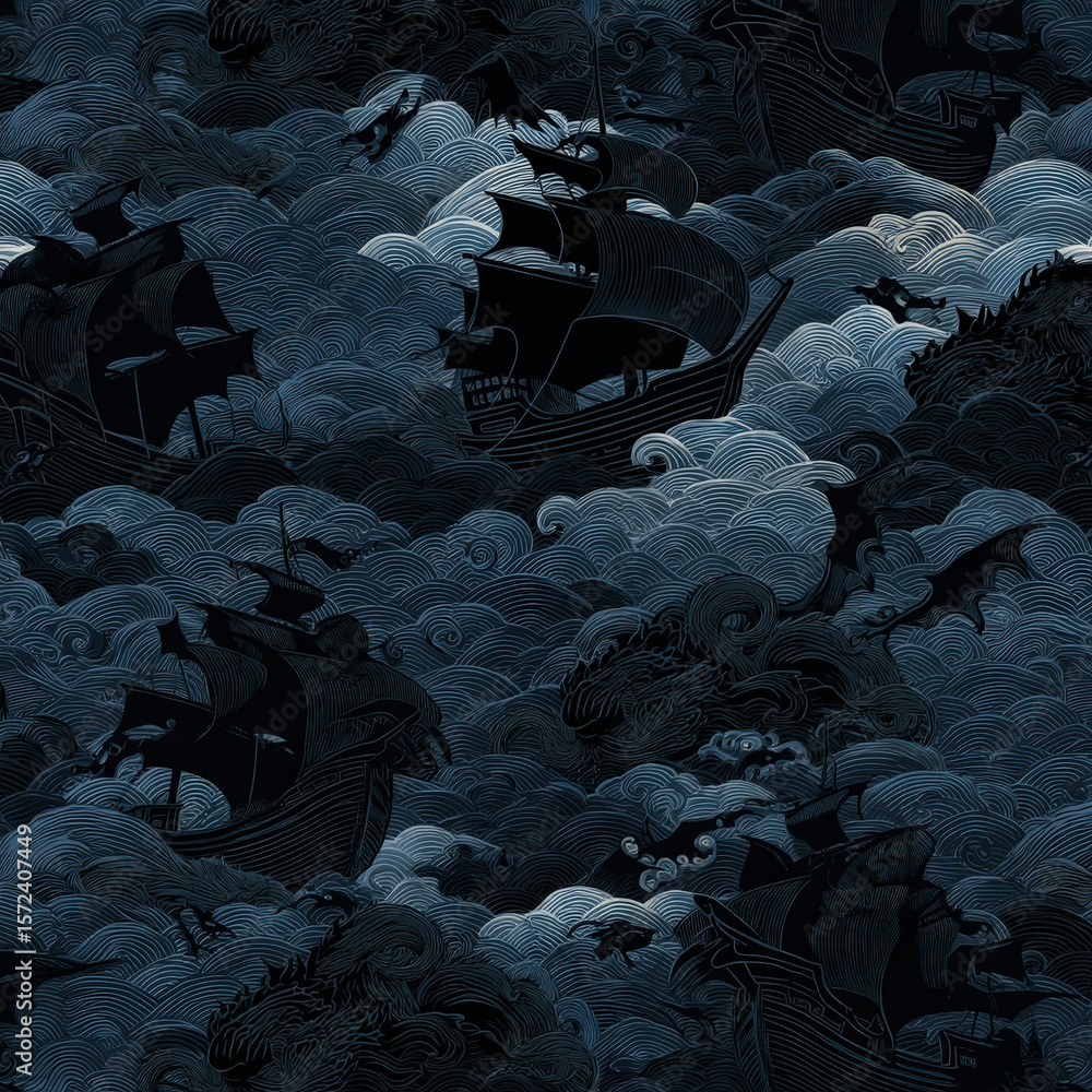 Poster seamless pattern of ship silhouettes in windy waves with intricate symbols and mystical elements