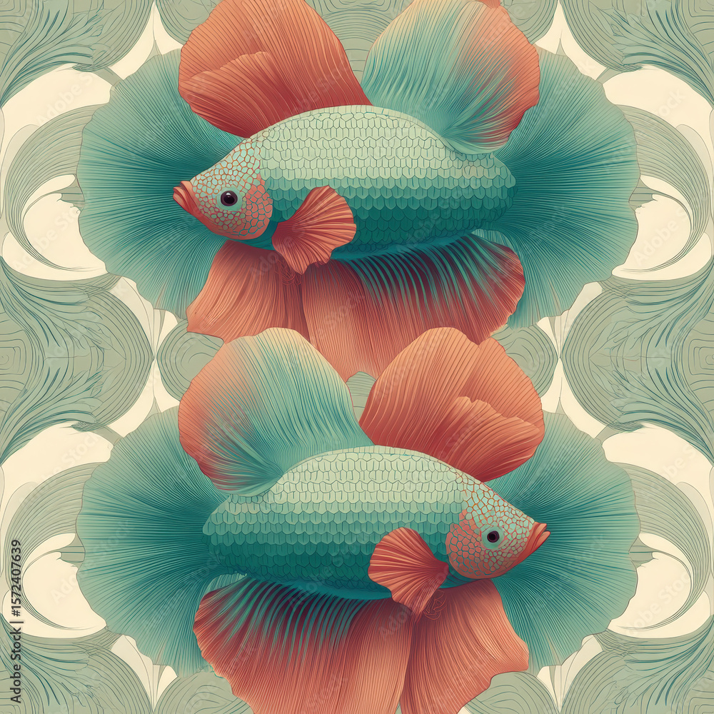 Aufkleber seamless minimal pattern featuring colorful siamese fighting fish with elegant fins and unique textu