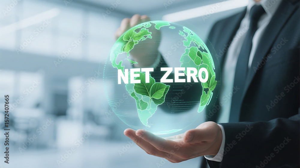 Poster man in suit holding holographic green earth with net zero text in a modern office setting