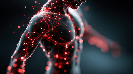 Networked human body with glowing connections represents advanced medical research and biotechnology, showing anatomy