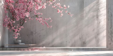 Minimalist interior with cherry blossoms and stone decor on a concrete bench. Zen garden and tranquility concept. Background image of gray concrete wall with pink flower blooming on tree. AIG51.