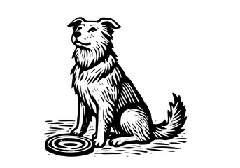 Cat and Dog Playing Frisbee Hand Drawn Natural Illustration Stylized as Linocut Vector Isolated by AZ for Books, Arts, Design and Decoration Graphic Asset