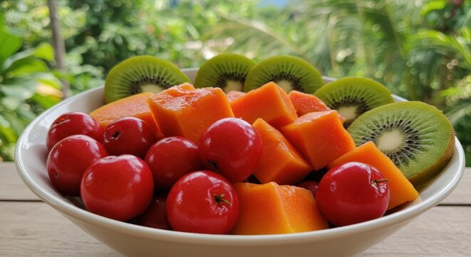 Fresh and Colorful Tropical Fruit Bowl with Kiwi, Papaya, Cherry Tomatoes, and Mango Set Against a Lush Green Background in Natural Light - Powered by Adobe