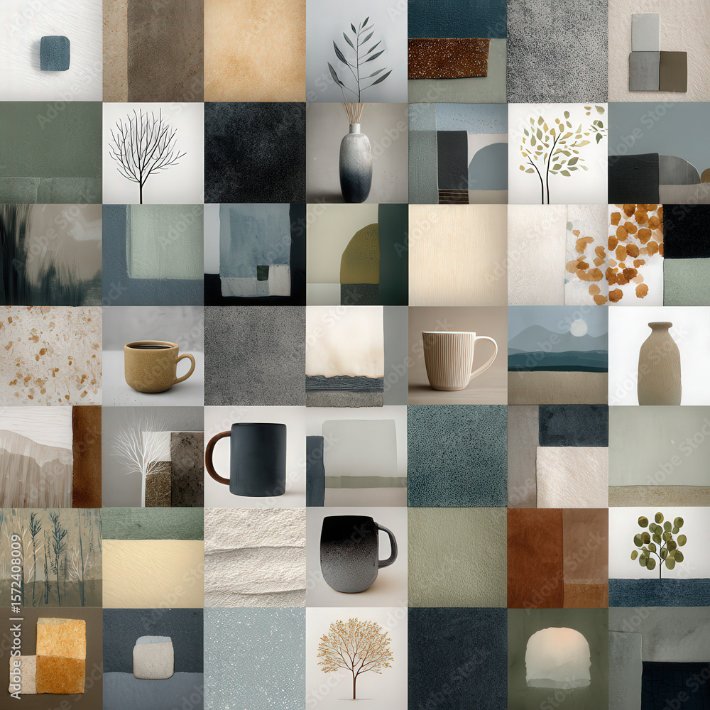 Poster seamless pattern of natural icons featuring simple shapes in soft tones and unique designs