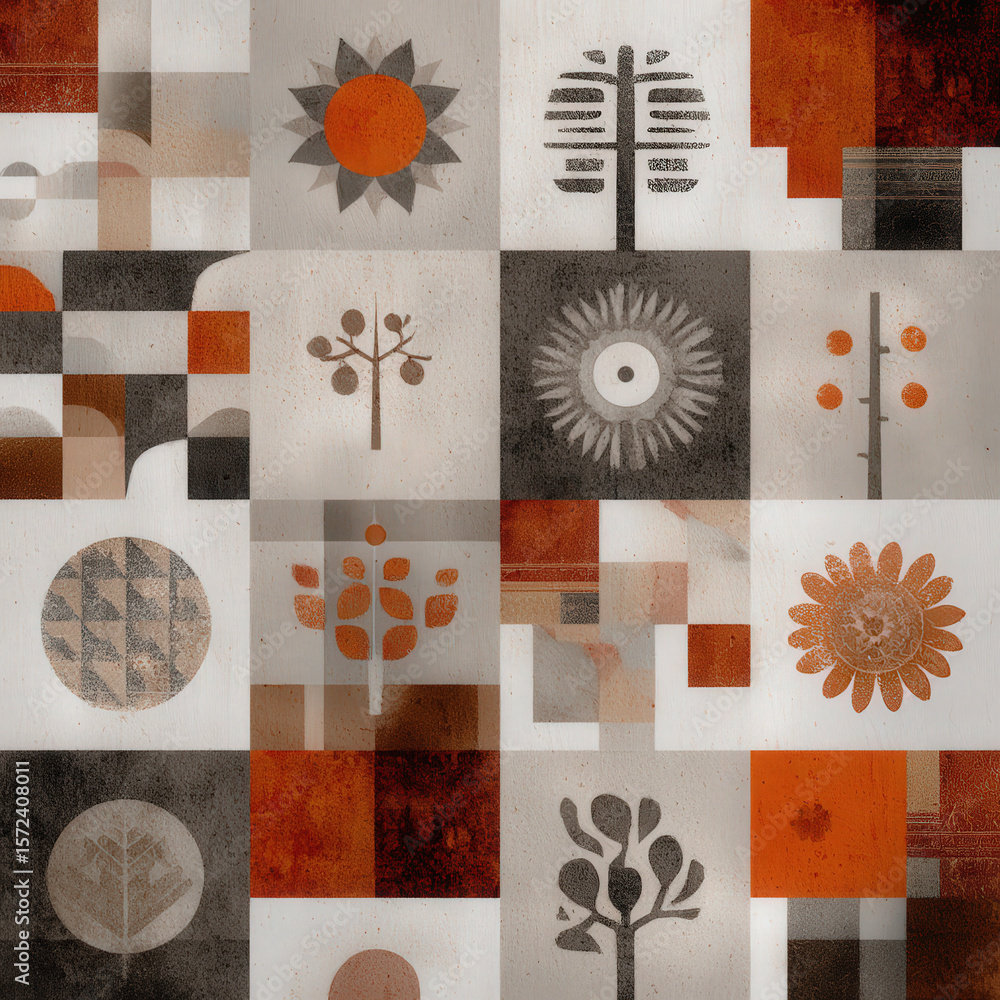Poster seamless pattern of simple natural shapes and icons in earthy tones for modern design projects