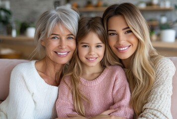 A young woman with her mother and daughter sitting on the sofa, smiling happily at home