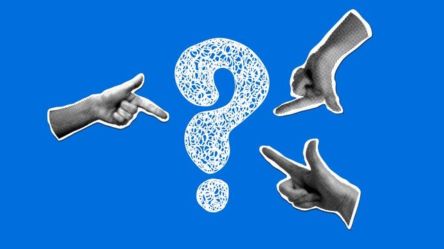 Modern collage with pointing hands and question mark. Doodle style question mark. FAQ sign. Question answer sign. Problem and solution concept. Stop motion animation