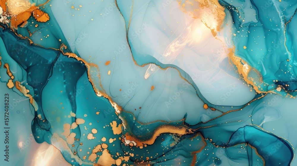 Poster abstract blue and gold fluid marble texture. background image of swirling gradient color with golden