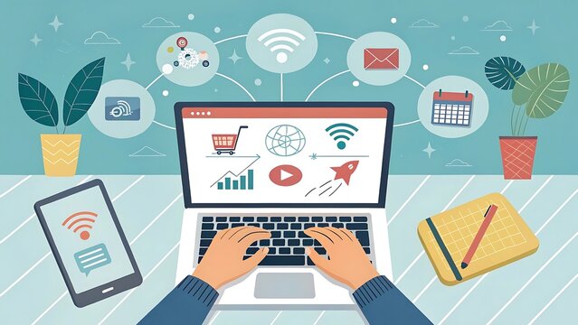 Hands typing on a laptop with digital marketing and social media icons, emphasizing the importance of online business and technology in the modern era