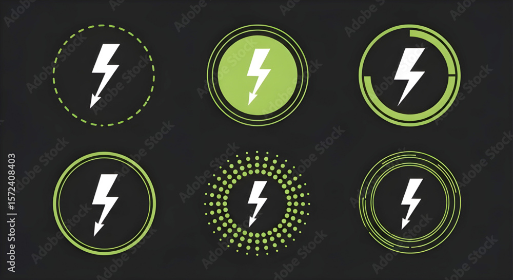 Poster lightning bolt icon set with green circular borders | electric power symbols for website and app ui 