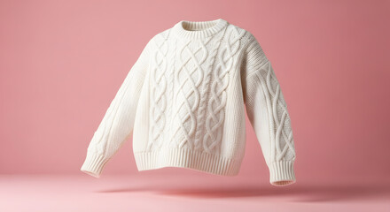 White Cable Knit Sweater Floating on Pink Background for Fashion and Style