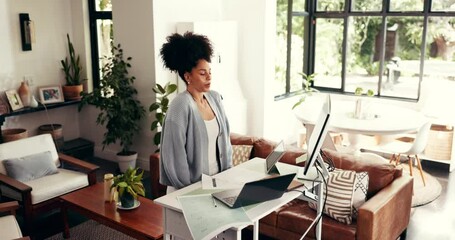 Home office, meditation and calm woman breathing to relax for remote work, mental health and break. Creative freelancer, technology or person at standing desk for zen practice, mindfulness and peace