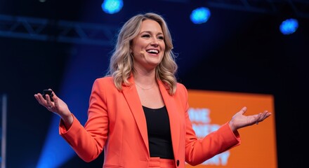 An energetic female speaker in a vibrant orange suit captivates her audience with expressive hand gestures and a bright smile