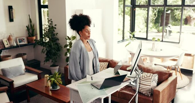 Home office, meditation and calm woman breathing to relax for remote work, mental health and break. Creative freelancer, technology or person at standing desk for zen practice, mindfulness and peace