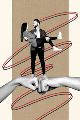 3d sketch image vertical collage of happy girl guy relationships business partners cooperation fist...