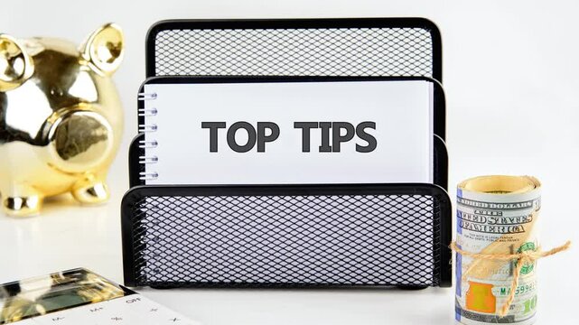 The appearance of the phrase TOP TIPS on the sheet. Concept words Top tips. Business and Top tips concept.