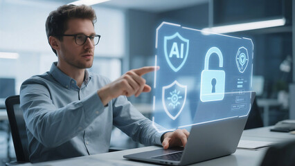 Man interacting with futuristic ai security interface on laptop in office environment setting